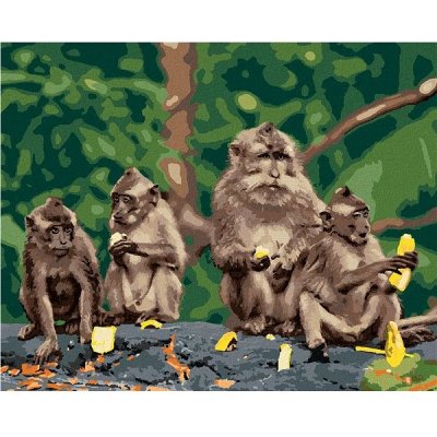 zuty Čtyři opice s banány 40 x 50 cm bez rámu a bez vypnutí plátna