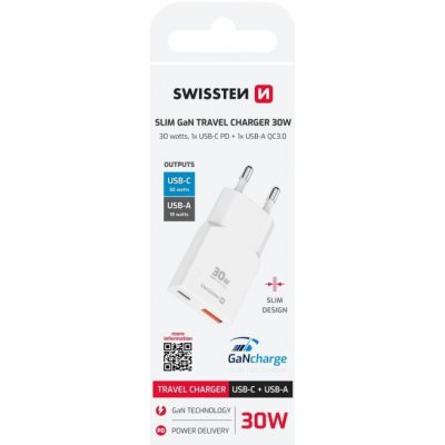 Swissten tenký síťový adaptér GaN USB-C + USB-A 30w bílý | Zboží Auto
