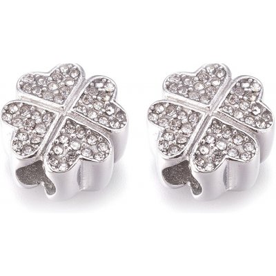 Korálek z nerezové oceli s širokým průvlekem - platinový - čtyřlístek - 12,5 x 13 x 7 mm - 1 ks – Zboží Dáma