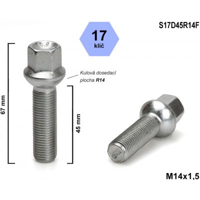 Kolový šroub M14x1,5x45 kulový R14, klíč 17, S17D45R14F, výška 67 mm