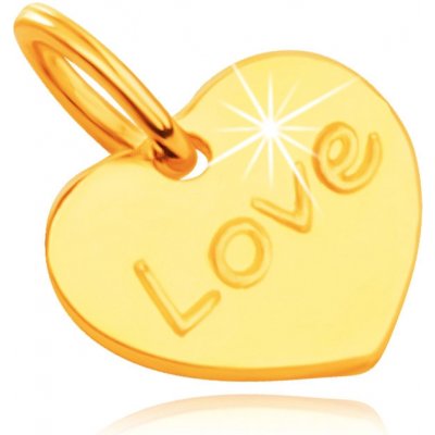 Šperky Eshop přívěsek ve žlutém zlatě ploché symetrické srdce s gravírovaným nápisem Love zrcadlový lesk S4GG245.67
