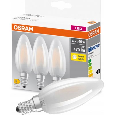 Osram Sada LED žárovek svíčka, 4 W, 470 lm, teplá bílá, E14, 3 ks LED BASE CL B GL FR 40 NON-DIM 4W – Hledejceny.cz
