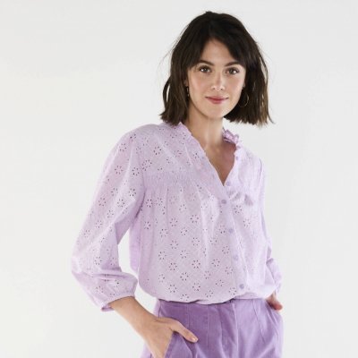 Madeirová halenka s volánkem a 3/4 rukávy šeříková – Zboží Dáma