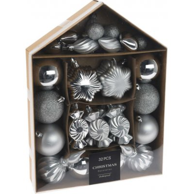 Home Styling Collection Sada ozdobných koulí v různých tvarech, 32 ks, stříbrná stříbrná – Zboží Mobilmania
