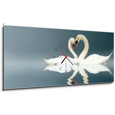 Obraz s hodinami 1D panorama - 120 x 50 cm - Love Swans swan heart Amor – Zbozi.Blesk.cz