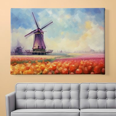 Obraz na plátně - Tulipánové pole s větrným mlýnem FeelHappy.cz Velikost obrazu: 40 x 30 cm – Zboží Mobilmania