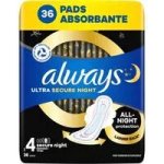 Always Ultra Secure Night hygienické vložky vel. 4 s křidélky 36 ks – Hledejceny.cz