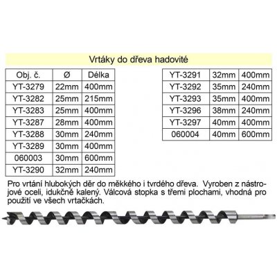 Yato Vrták do dřeva hadovitý samostatný 28x400mm – Zboží Mobilmania