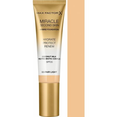 Max Factor Miracle Second Skin SPF20 Hybrid Foundation Pečující make-up pro přirozený vzhled pleti 02 Fair Light 30 ml