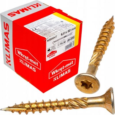 Konstrukční vrut do dřeva KLIMAS 6x50 TORX zápustná hlava TX30 žlutý Zn (200 ks v balení) – Sleviste.cz