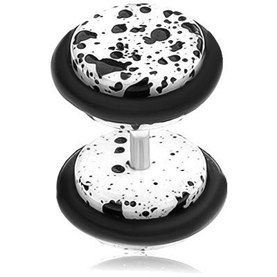 Šperky eshop fake plug do ucha z akrylu bílý povrch potřísněný černou barvou gumičky PC05.36 – Zboží Dáma