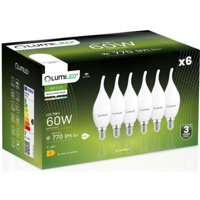 LUMILED 6x LED žárovka E14 BA35 7W = 60W 770lm 4000K Neutrální bílá 360° Filament mléčná bublina