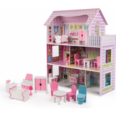 Mamido Třípatrový Dřevěný domeček pro panenky Tilli 70cm + LED osvětlení 8ks Nábytku – Zbozi.Blesk.cz