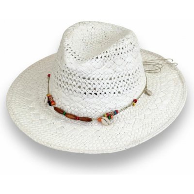Krumlovanka letní slaměný klobouk Fedora zdobený korálky P-12317B bílý – Zbozi.Blesk.cz
