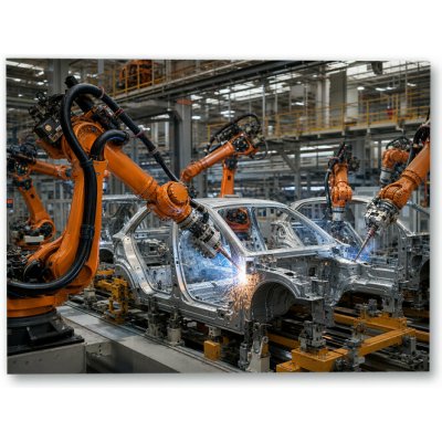 Plakát – Robotická ramena při svařování automobilové karoserie 80 × 60 cm Bez rámu Ano Bez rámu – Hledejceny.cz