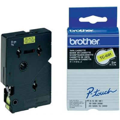 Brother TC-691, 9mm, černý tisk/žlutý podklad - originální páska laminovaná – Zboží Mobilmania