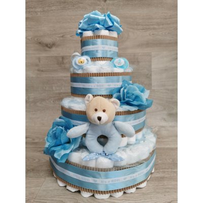 Pastell decor Plenkový dort pro chlapečka čtyřpatrový originální dárek Velikost plenek: Vel. 2 Miminko váží 3 až 6 kg – Sleviste.cz