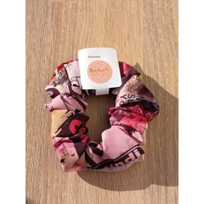 Látková gumička scrunchie růžovovínová se vzorem, ručně šitá – Zboží Dáma