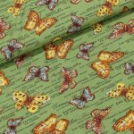 Bavlněné plátno motýli a nápisy na zelené, š.140cm (látka v metráži) – Zboží Dáma