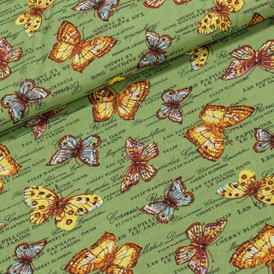 Bavlněné plátno motýli a nápisy na zelené, š.140cm (látka v metráži) – Zboží Dáma