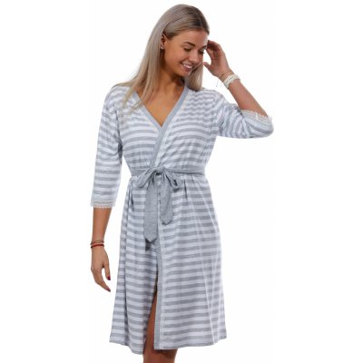 Pruhovaný lehký dámský župan lemovaný krajkou 1G0530 šedá – Zboží Dáma