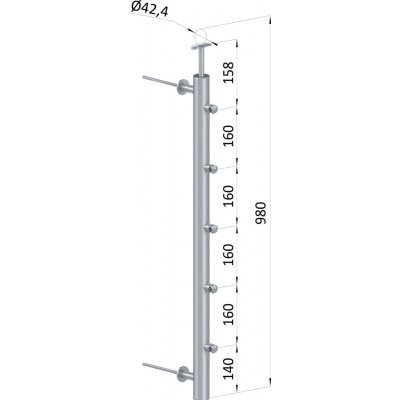 Nerezový sloup na francouzsky balkón, boční kotvení, 5 řadový průchozí, vnější, vrch pevný, (ø 42.4x2 mm), broušená nerez K320 /AISI304 – Zbozi.Blesk.cz