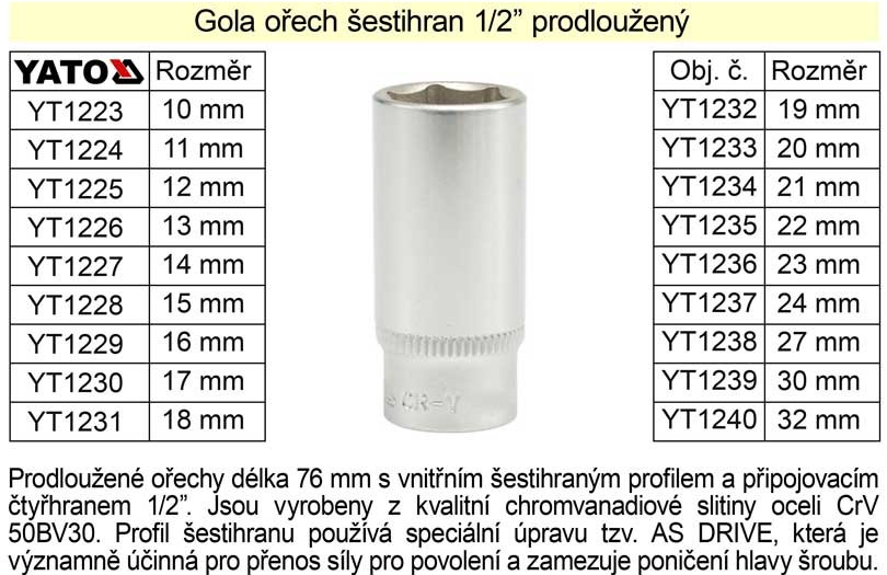 YATO Gola ořech šestihran 1/2" prodloužený 32 mm