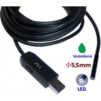Inspekční kamera 5,5mm / délka 5m vodotěsná s osvětlením - endoskop s USB připojením k PC a Android HIC-0505