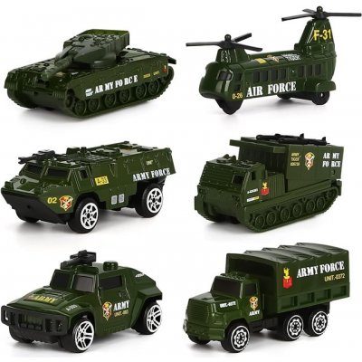 Sada 6 kusů vojenských kovových vozidel autiček