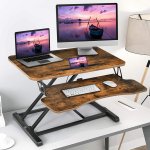 COSTWAY Výškově nastavitelný Sit-stand s odkládací plochou pro klávesnici Stojan na monitor a tablet pro monitor nebo notebook Hnědý – Zbozi.Blesk.cz