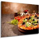 Obraz 1D - 100 x 70 cm - Delicious fresh pizza served on wooden table Chutná čerstvá pizza podávaná na dřevěném stole – Sleviste.cz
