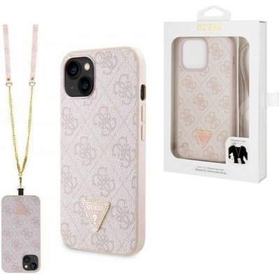 Pouzdro Guess PU 4G Strass Triangle Metal Logo + Crossbody Popruh iPhone 15 Pro růžové