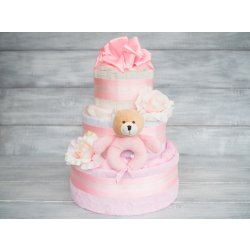 PASTELL Decor Třípatrový plněný plenkový dort pro holčičku - růžový 2 - Miminko váží 3 - 6 kg 50/56 - Miminku jsou 0 - 2 m