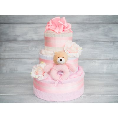 PASTELL Decor Třípatrový plněný plenkový dort pro holčičku - růžový 2 - Miminko váží 3 - 6 kg 50/56 - Miminku jsou 0 - 2 m – Zboží Mobilmania