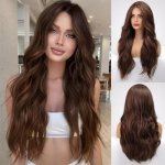 Emmor Dlouhá smíšená hnědá vlnitá paruka pro ženy, krajkové přední paruky s přirozeným vzhledem – Sleviste.cz