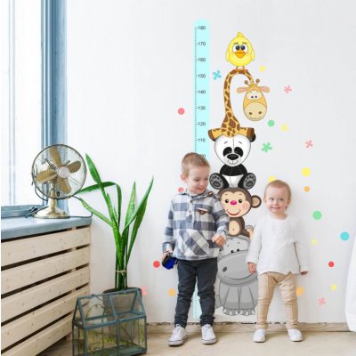 INSPIO Samolepka Dětské samolepky na zeď - Modrý dětský metr s veselými zvířatky (180 cm) zvířata, dětský metr modrá, plnobarevný motiv rozměry 45x187 – Sleviste.cz