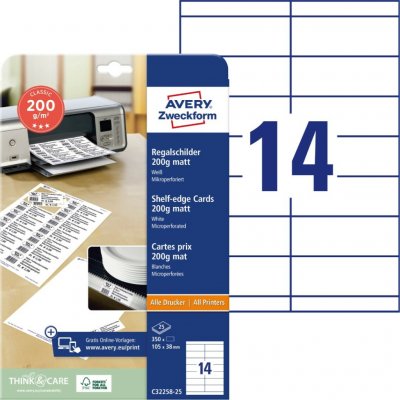 Avery Zweckform Cenovky do lišty stojanu na zboží 25 listů matné bílé 105 x 38 mm 170 g C32258-25 – Sleviste.cz
