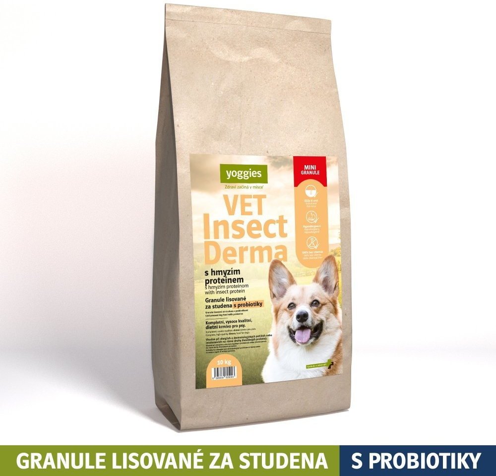 Yoggies Vet Insect Derma s hmyzím proteinem Minigranule lisované za studena s probiotiky 10 kg