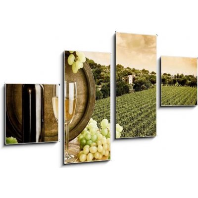 Obraz 4D čtyřdílný - 100 x 60 cm - Wine and vineyard in vintage style Víno a vinice ve vinobraní – Zboží Mobilmania