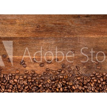 WEBLUX 104485723 Samolepka fólie coffee background with beans on rustic old oak wood káva pozadí s fazolemi na rustikální staré dubové dřevo, rozměry 100 x 73 cm