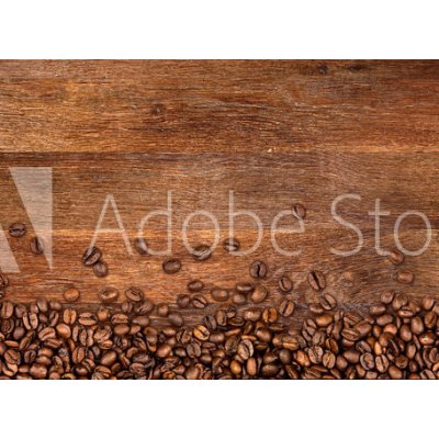 WEBLUX 104485723 Samolepka fólie coffee background with beans on rustic old oak wood káva pozadí s fazolemi na rustikální staré dubové dřevo, rozměry 100 x 73 cm
