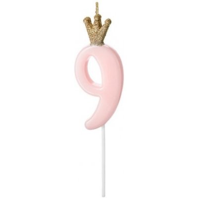 PartyDeco svíčka malá růžová s korunkou číslo 9 – Zboží Mobilmania
