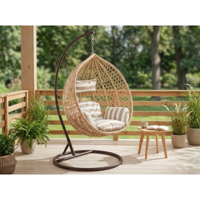 Textilomanie Světlé hnědé závěsné křeslo TROPIKAL se stojanem bílo-hnědým polštářem – Zbozi.Blesk.cz