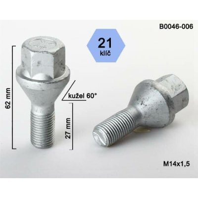 Kolový šroub M14x1,5x27 kužel, klíč 21, CITROËN, FIAT, PEUGEOT, B0046-006, výška 62 mm – Hledejceny.cz