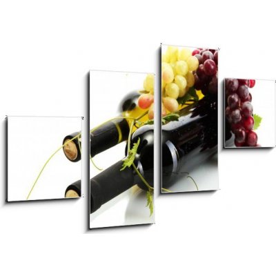Obraz 4D čtyřdílný - 100 x 60 cm - bottles of wine and ripe grapes isolated on white láhve vína a zralé hrozny izolovaných na bílém – Hledejceny.cz