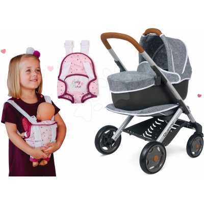 Smoby Set hluboký a sportovní DeLuxe Pastel Maxi Cosi&Quinny Grey 3v1 a ergonomický nosič s pamperskami a lahvička s mlékem Baby Nurse – Zboží Mobilmania