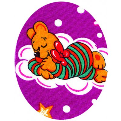 Nažehlovací záplaty oválky s potiskem - medvídek v pruhovaném pyžamku na růžovém podkladu