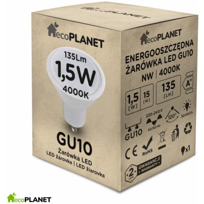 ecoPLANET LED žárovka GU10 1,5W teplá bílá