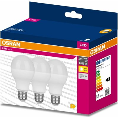 Osram 3PAK LED žárovka LED E27 A60 19W = 150W 2452lm 3000K Teplá bílá 200° VALUE – Hledejceny.cz