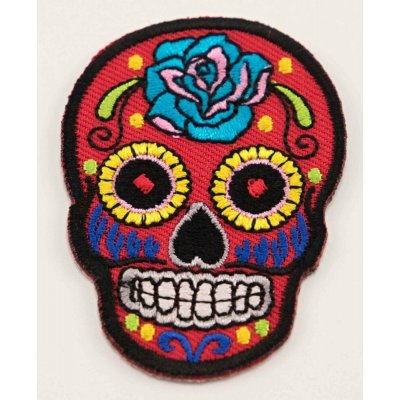 Nažehlovací záplata - Mexická lebka - Día de Muertos - červená - rozměr 5,5 cm x 5 cm – Hledejceny.cz